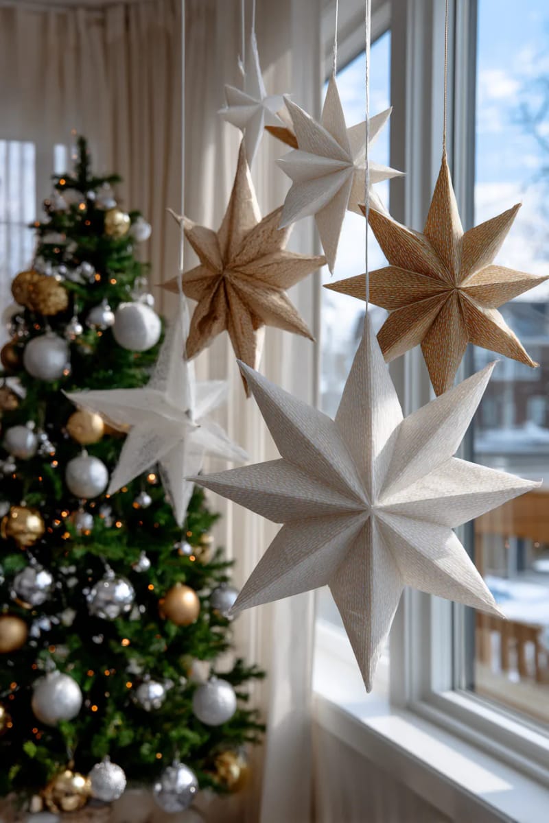 hang paper star ornaments in sand, ivory, and linen tones 1