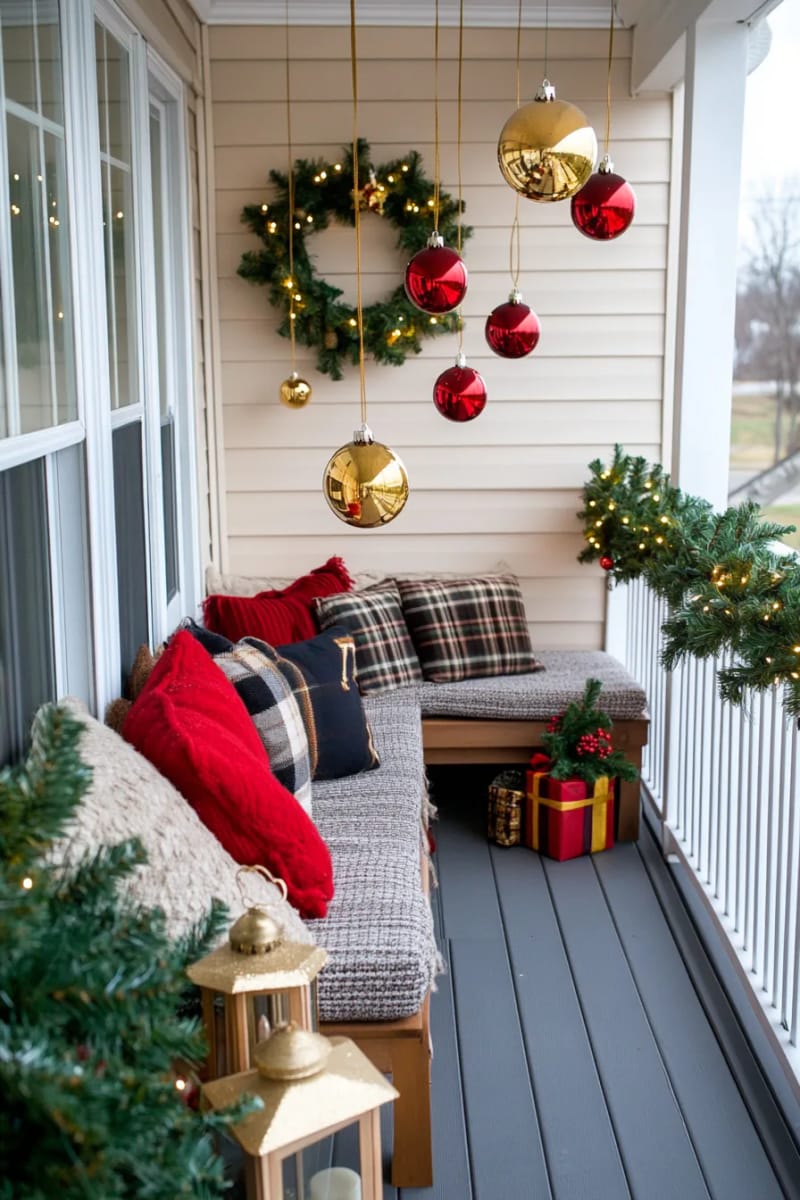 hanging baubles and ornaments from porch ceiling with fishing line 1