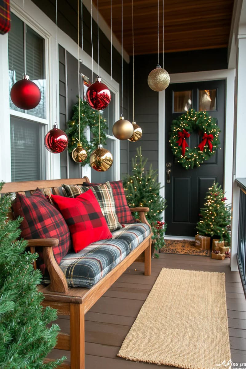 hanging baubles and ornaments from porch ceiling with fishing line 1