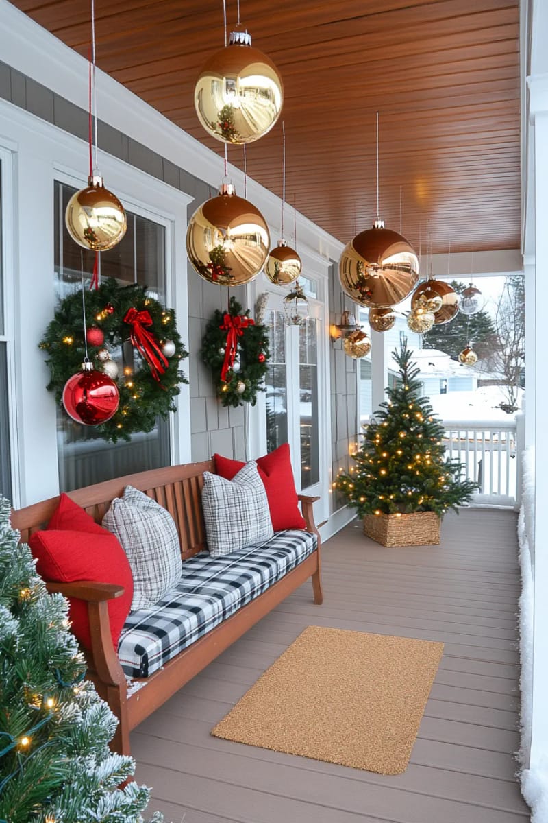 hanging baubles and ornaments from porch ceiling with fishing line 1
