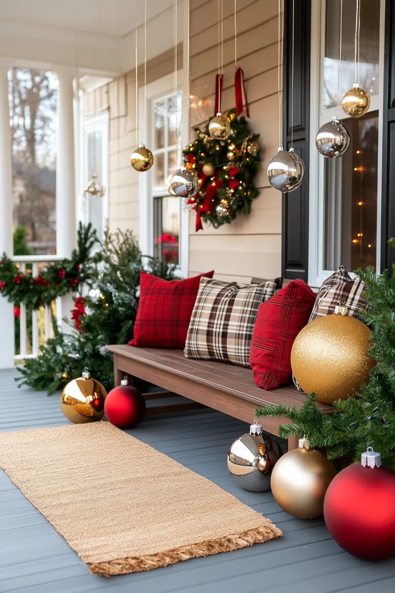 hanging baubles and ornaments from porch ceiling with fishing line 1