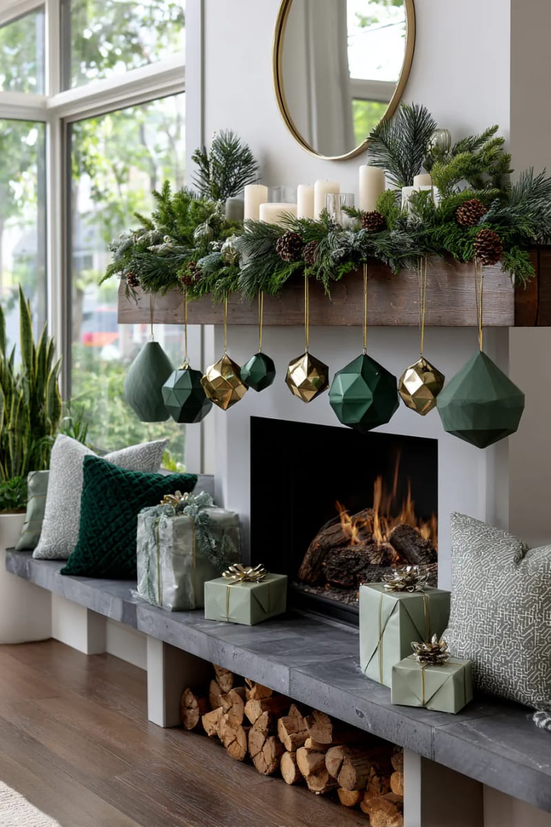 25 Green Christmas Fireplace Decor Ideas for a Fresh and Festive Mantel 58 hanging geometric green ornaments above the hearth for a modern twist 1