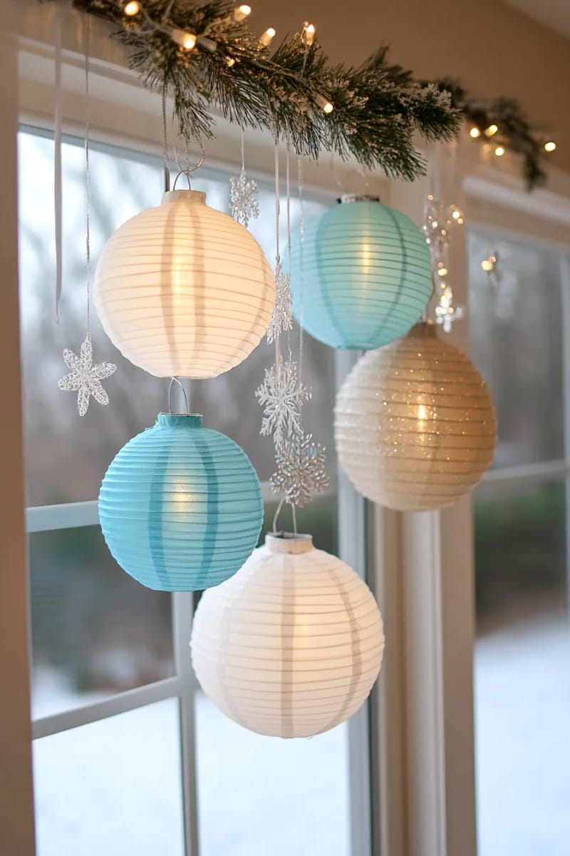hanging paper lanterns in wintery blue, silver, and white 1