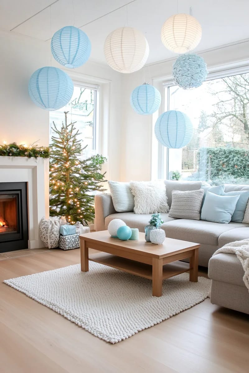 hanging paper lanterns in wintery blue, silver, and white 1
