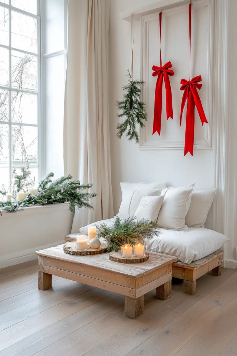 hanging red velvet bows from ceiling for whimsical floating effect 1