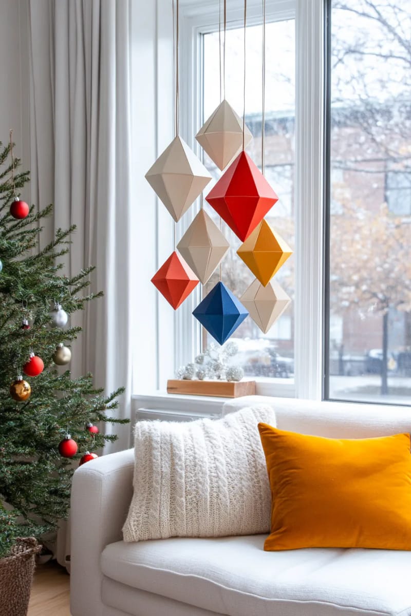 hanging scandinavian-inspired diamond ornaments in bold colors 1
