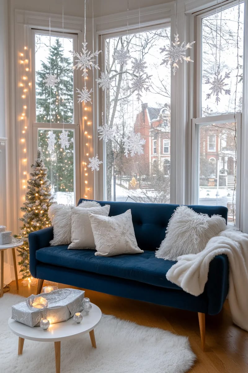 hanging snowflake ornaments in window frames for winter wonderland effect 1