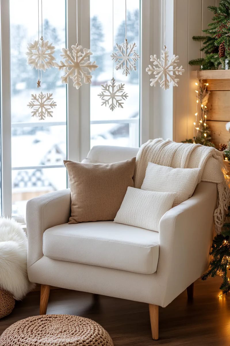 hanging snowflake ornaments in window frames for winter wonderland effect 1