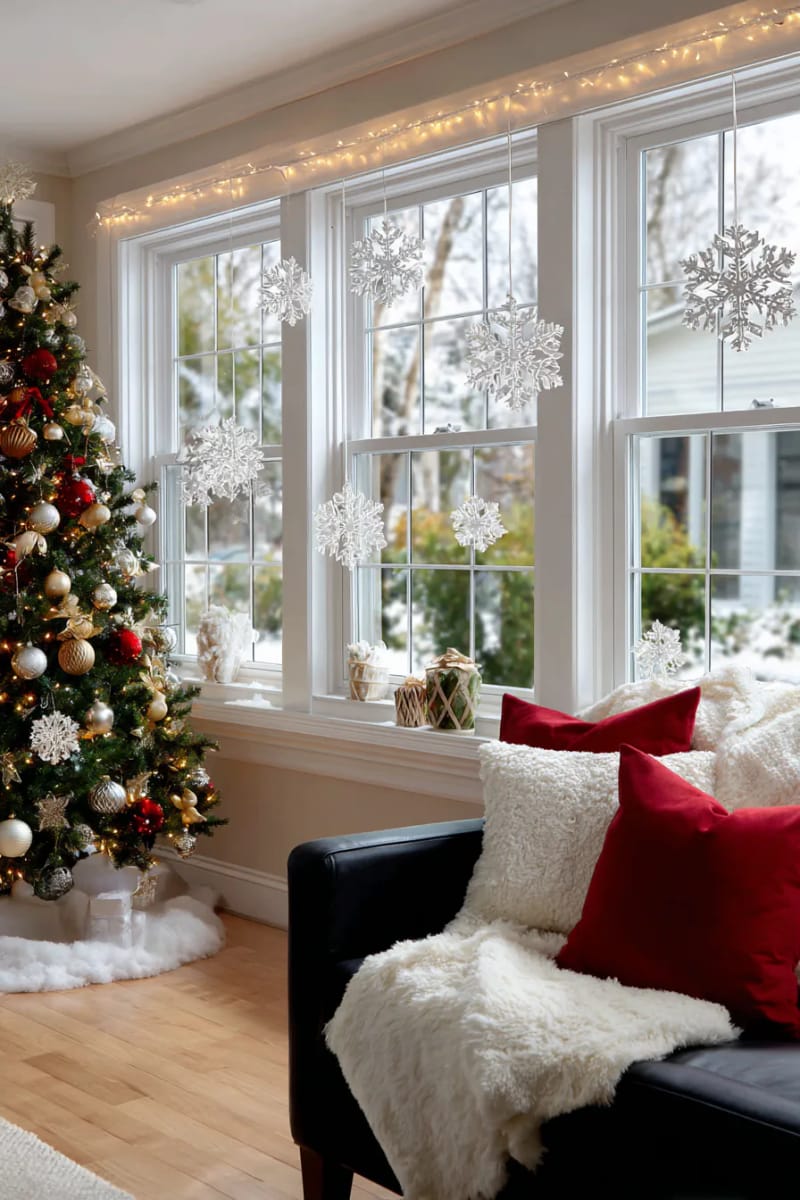hanging snowflake ornaments in window frames for winter wonderland effect 1