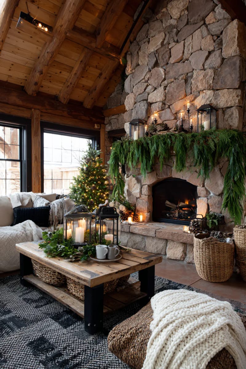 25 Green Christmas Fireplace Decor Ideas for a Fresh and Festive Mantel 22 hanging vertical strands of fresh greenery like a living christmas curtain 1