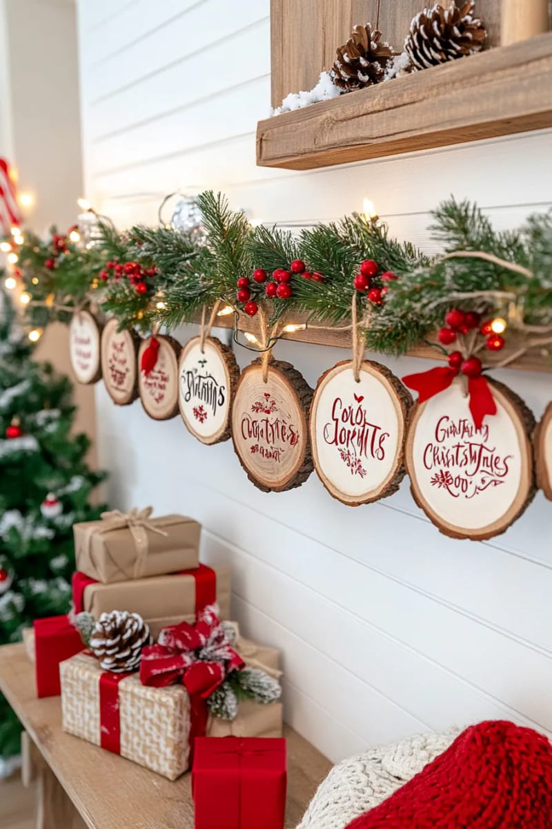 hanging wood slice garland with painted festive phrases 1