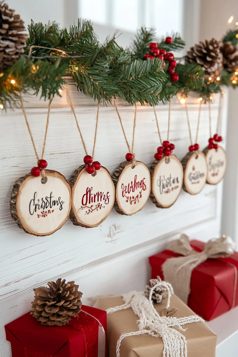 hanging wood slice garland with painted festive phrases 1