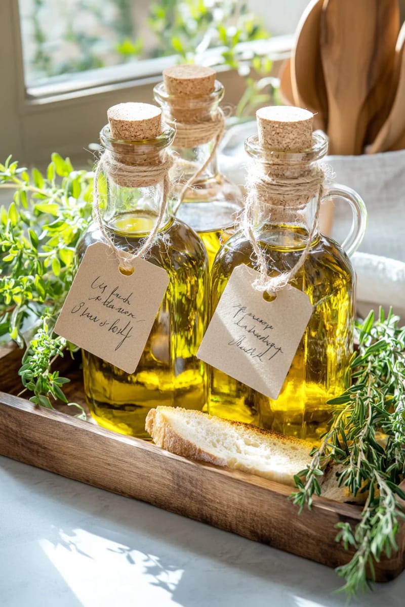 herb-infused olive oils in recycled glass bottles with handwritten tags 1