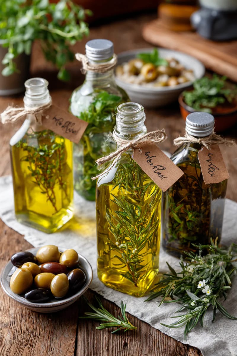 herb-infused olive oils in recycled glass bottles with handwritten tags 1
