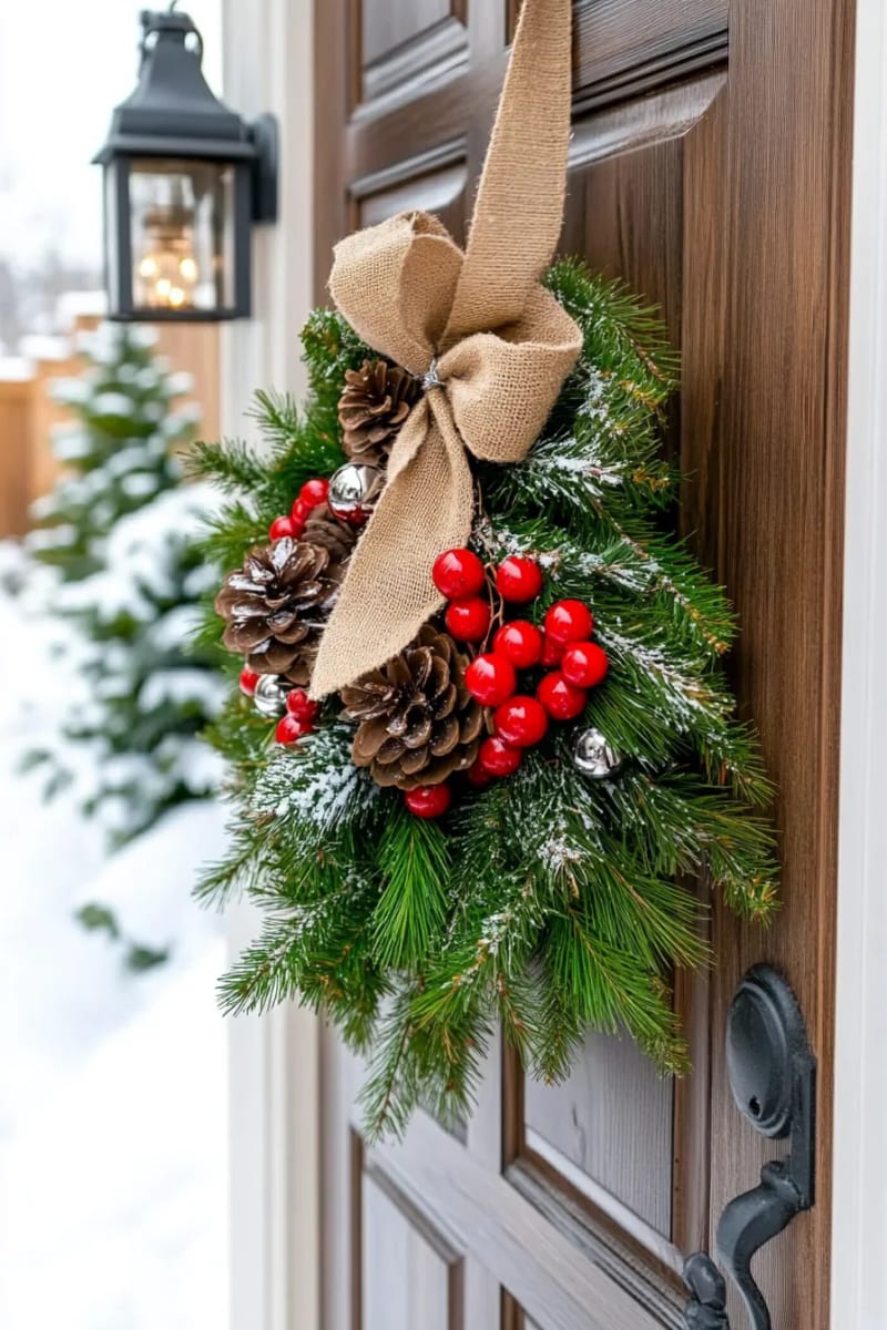 holiday door swag made of frosted pine, berries, and jute ribbon 1