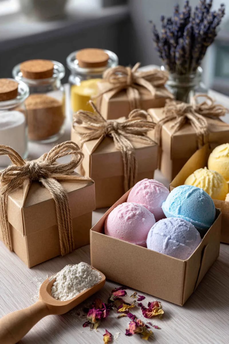 homemade bath bombs in kraft paper boxes tied with twine 1