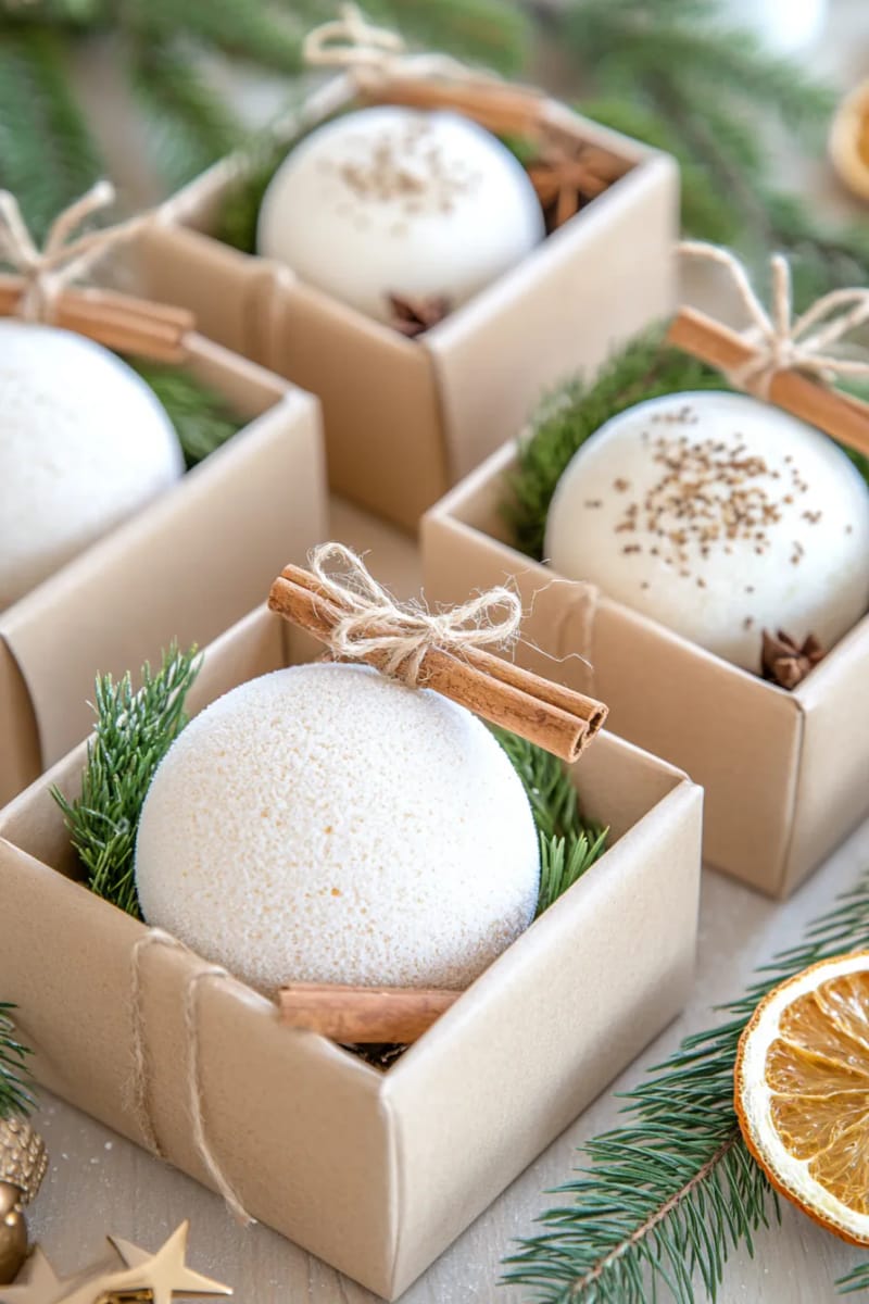 homemade bath bombs in kraft paper boxes tied with twine 1