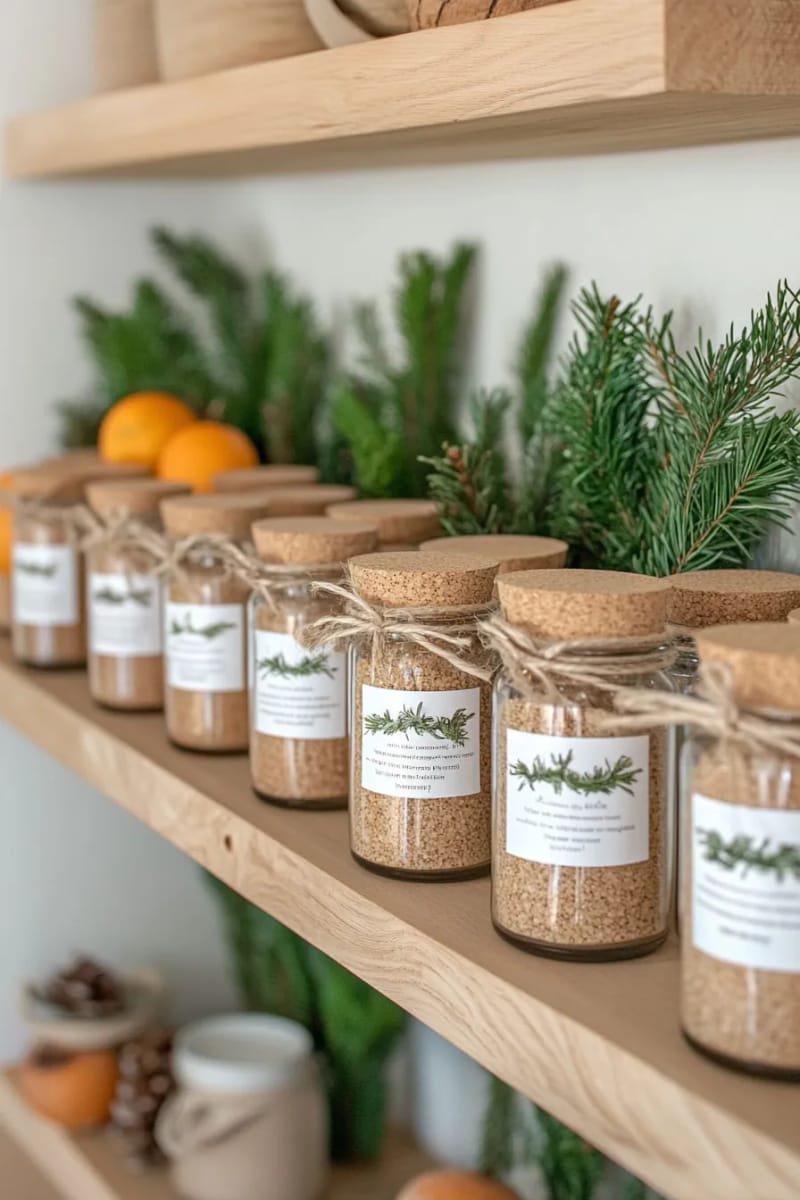 homemade bath salts in corked glass tubes with cedar sprigs 1