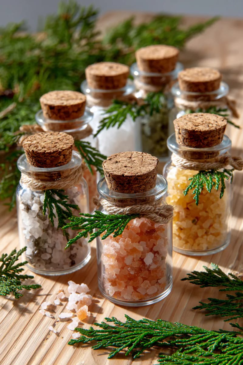 homemade bath salts in corked glass tubes with cedar sprigs 1