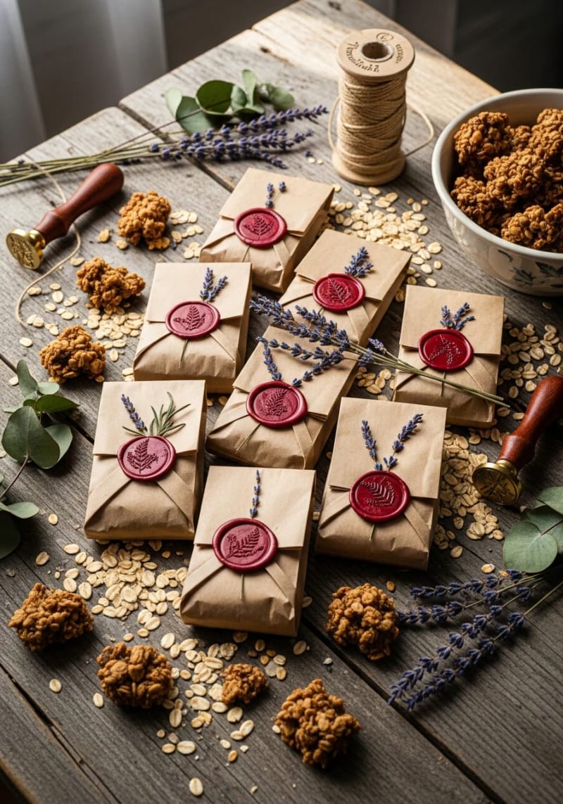 homemade granola in brown paper bags sealed with wax stamps 1