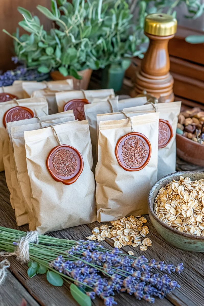homemade granola in brown paper bags sealed with wax stamps 1