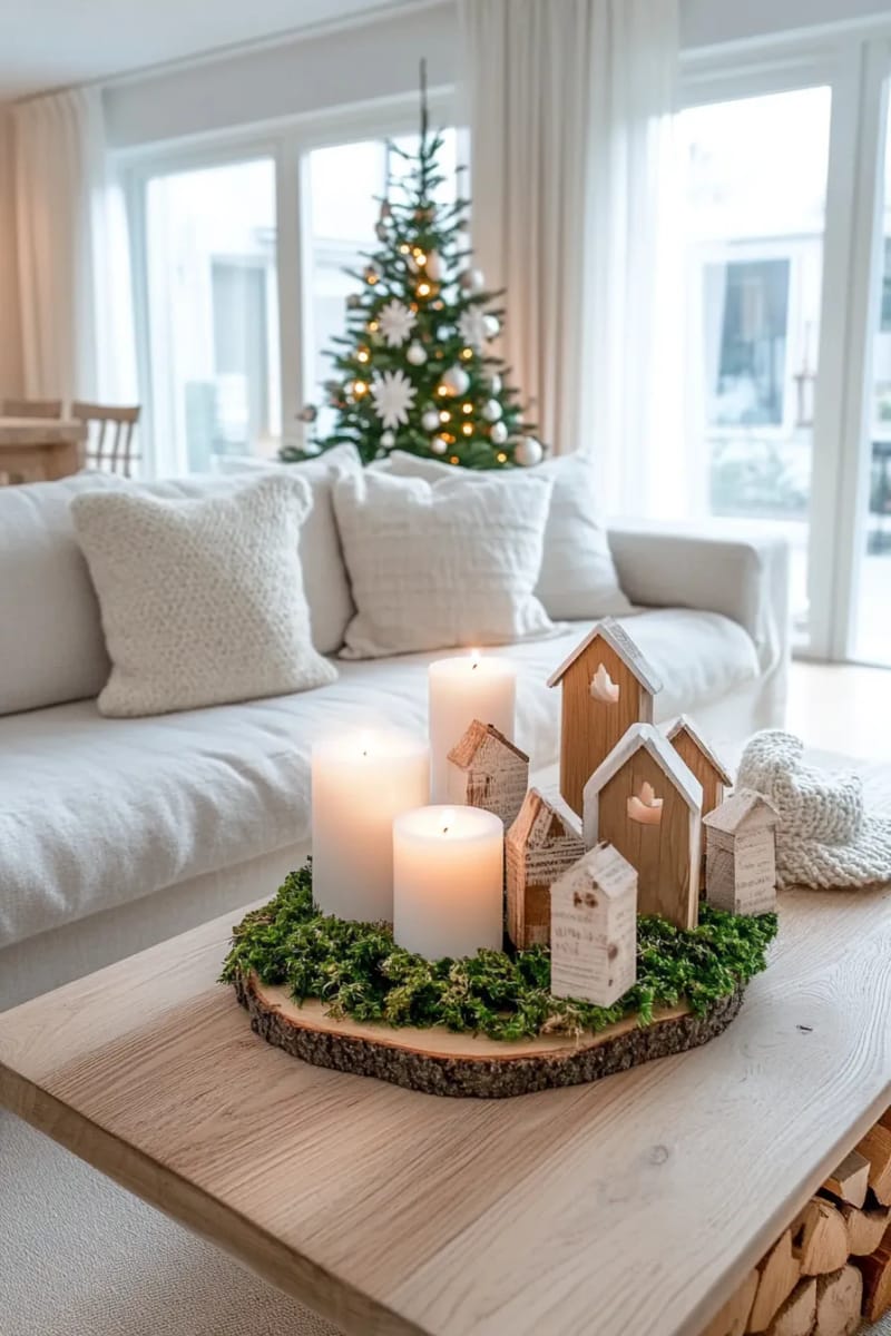 hygge-inspired candle centerpiece with moss and wooden houses 1