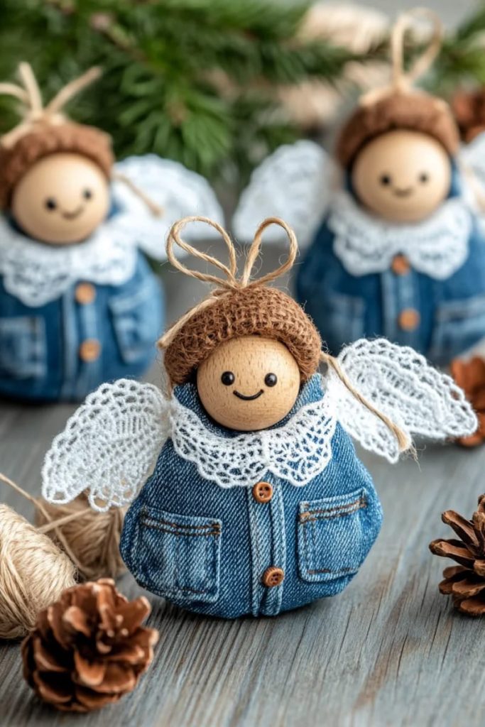 Sustainability Success 3 jean pocket angel ornaments with wooden bead heads and twine halos 3