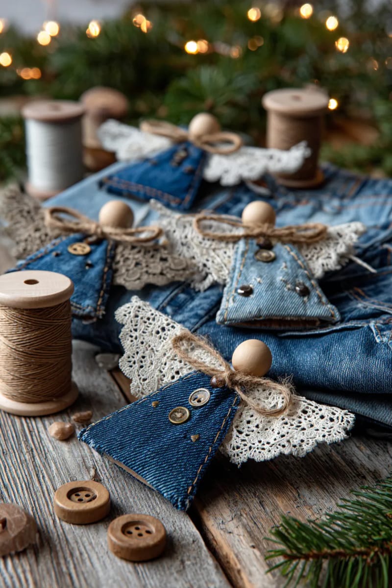 jean pocket angel ornaments with wooden bead heads and twine halos 1