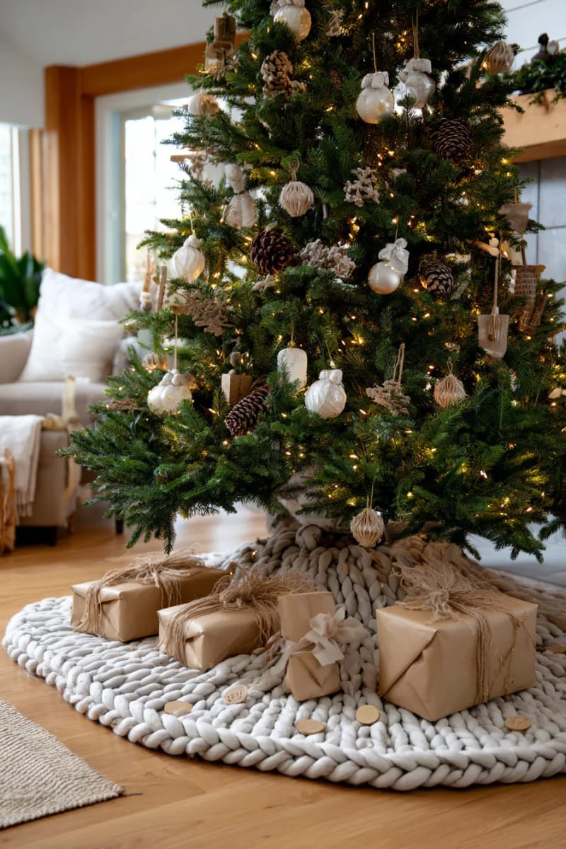 knit tree skirts in soft beige and taupe with wooden button accents 1