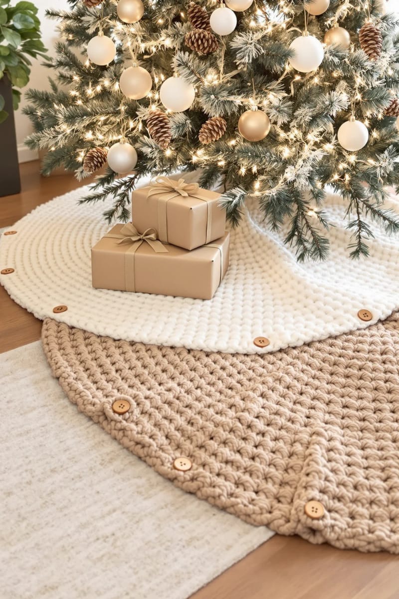 knit tree skirts in soft beige and taupe with wooden button accents 1