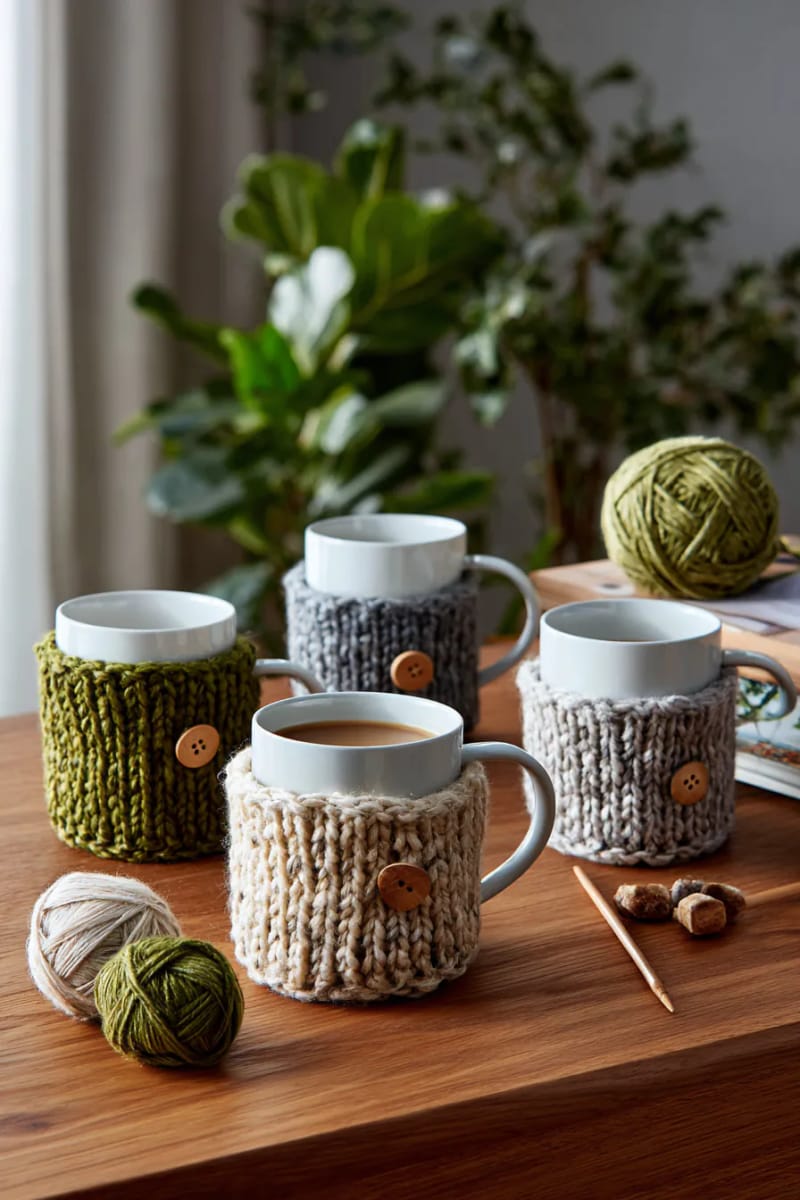knitted mug cozies using chunky recycled yarn 1
