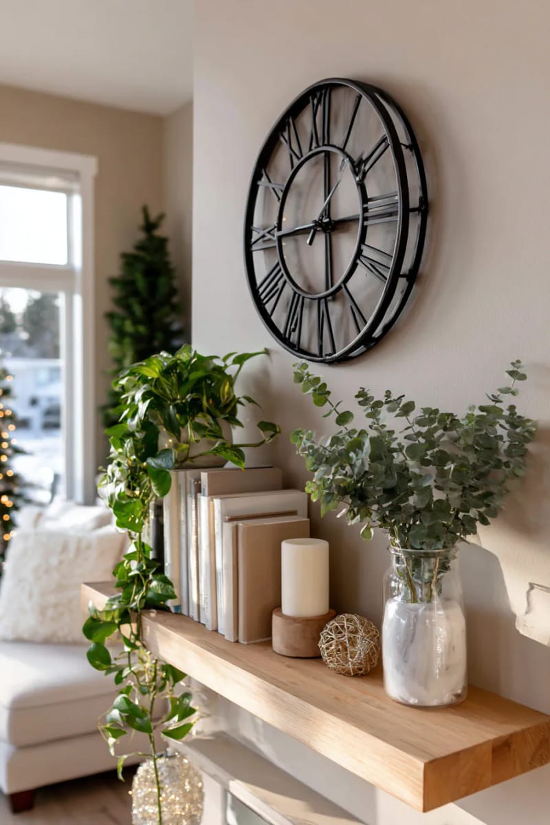 25 Tasteful Christmas Decor Ideas for a Cozy Holiday Home 55 large wall clock paired with subtle greenery on a living room shelf 1