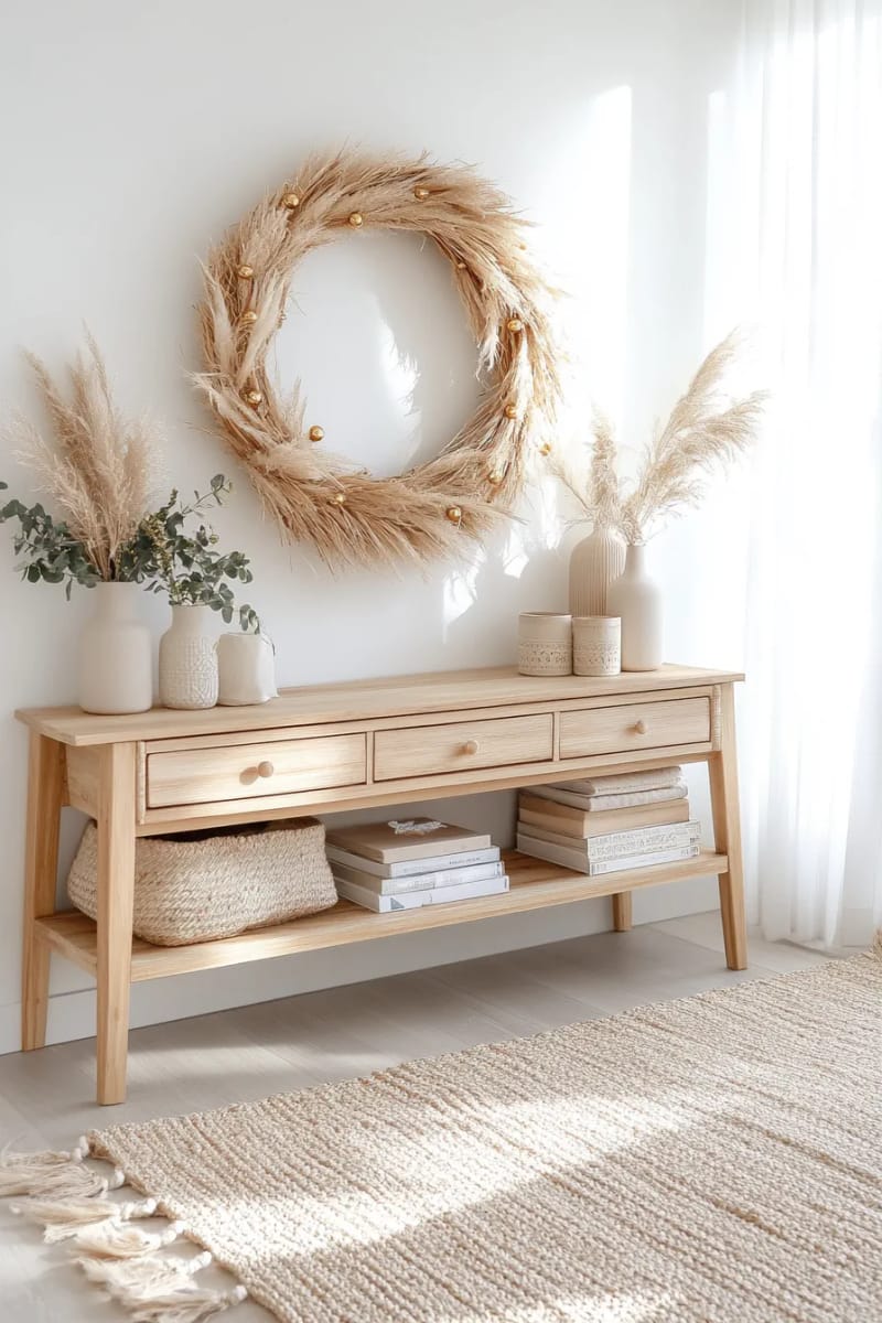 large wall wreath made of pampas grass and gold baubles 1