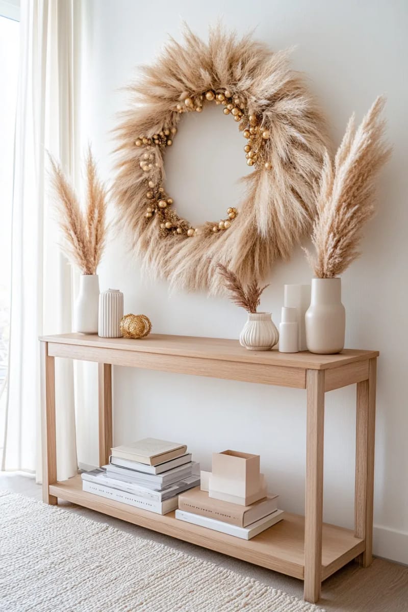 large wall wreath made of pampas grass and gold baubles 1