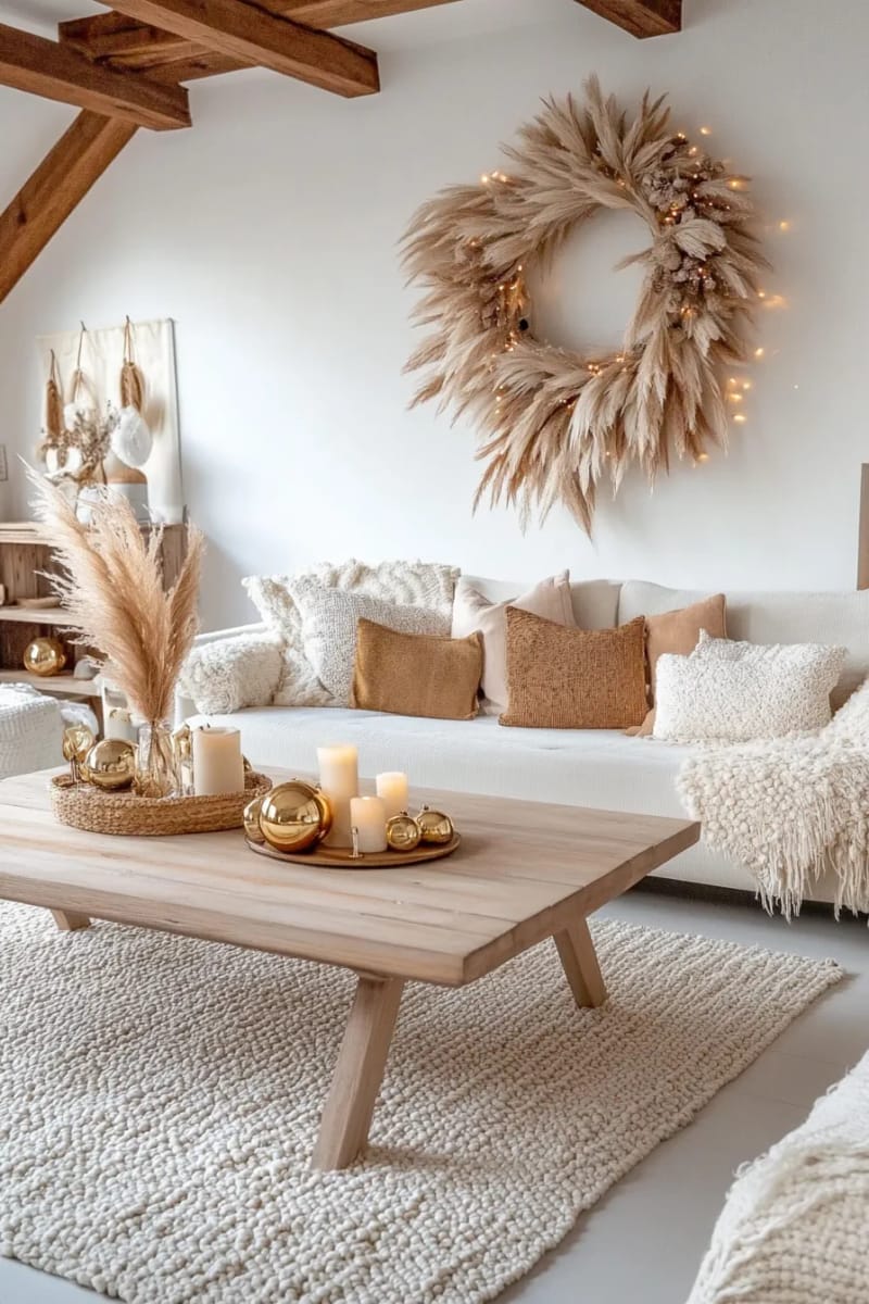 large wall wreath made of pampas grass and gold baubles 1