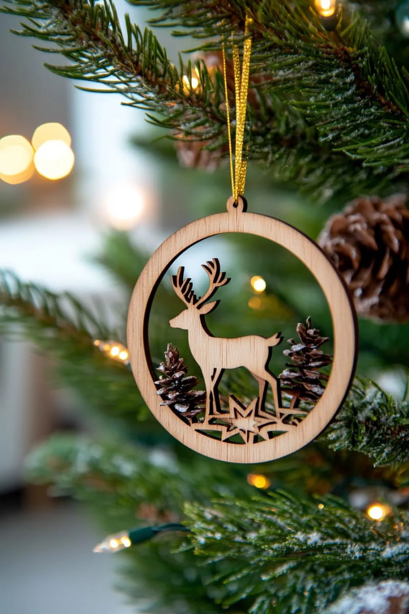 laser-cut wooden deer silhouette inside a star-topped ornament frame 1