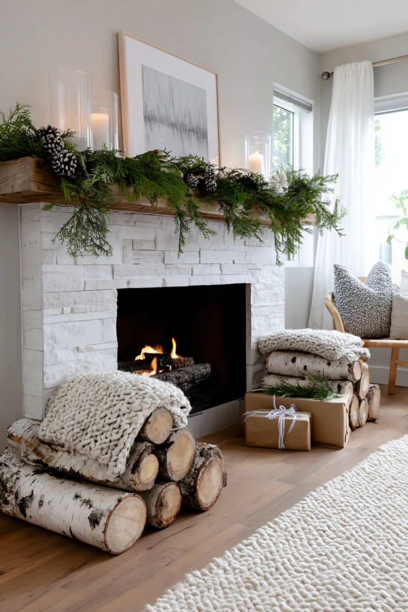 layer birch log bundles beside a whitewashed fireplace 1