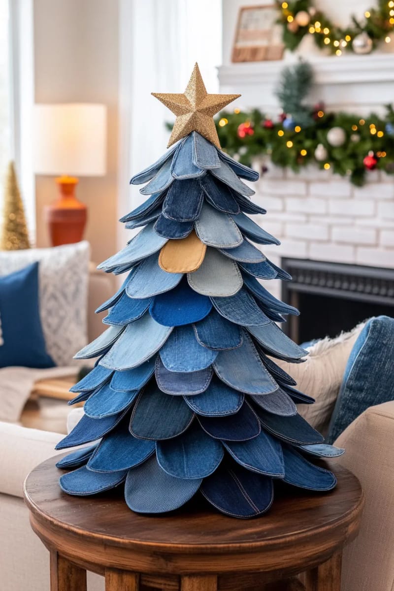 layered denim cone christmas tree topped with a metallic star 1