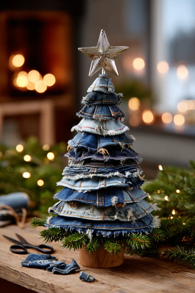 layered denim cone christmas tree topped with a metallic star 1