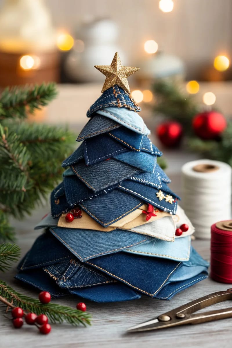 layered denim cone christmas tree topped with a metallic star 1