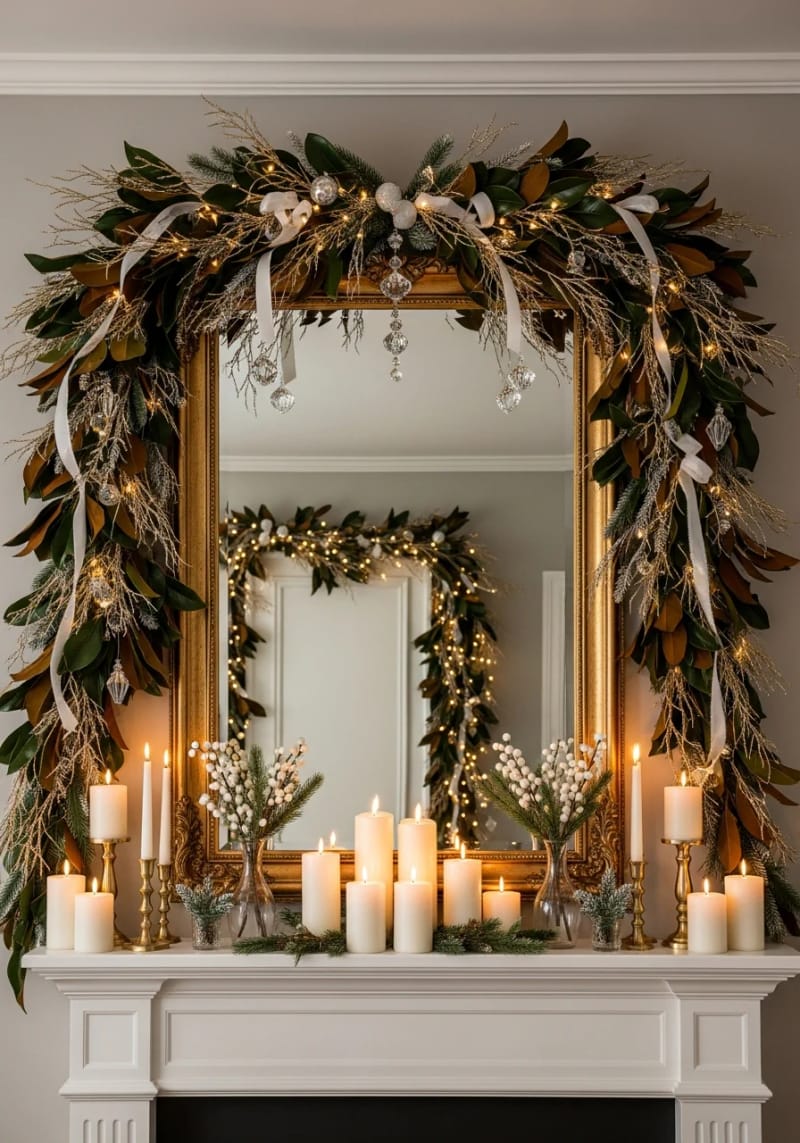 23 Elegant Christmas Decor Ideas You’ve Never Seen Before 90 layered garlands of magnolia leaves and gold branches above a mirror 1