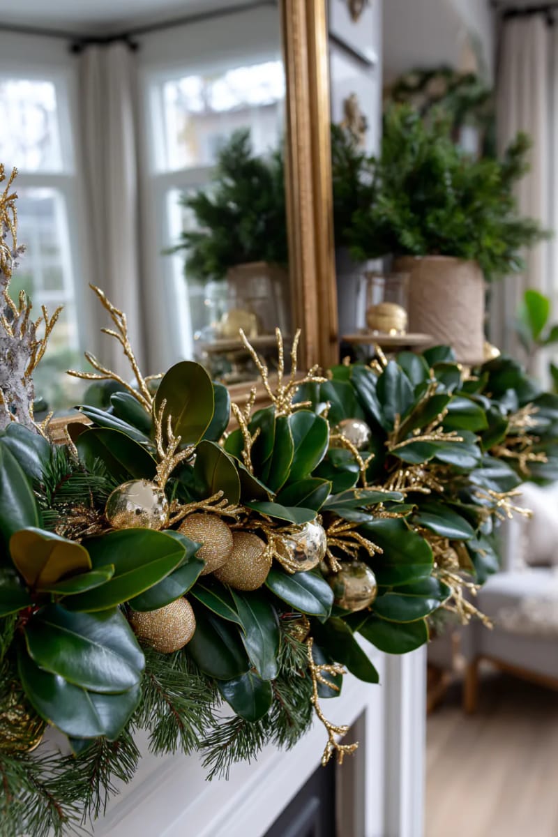 23 Elegant Christmas Decor Ideas You’ve Never Seen Before 91 layered garlands of magnolia leaves and gold branches above a mirror 1