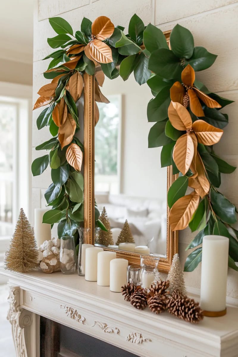 23 Elegant Christmas Decor Ideas You’ve Never Seen Before 94 layered garlands of magnolia leaves and gold branches above a mirror 1