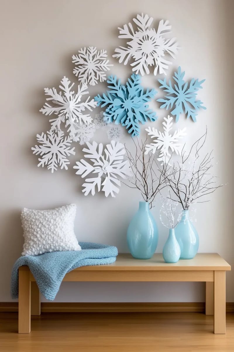layered paper snowflake wall display in icy blue and white tones 1