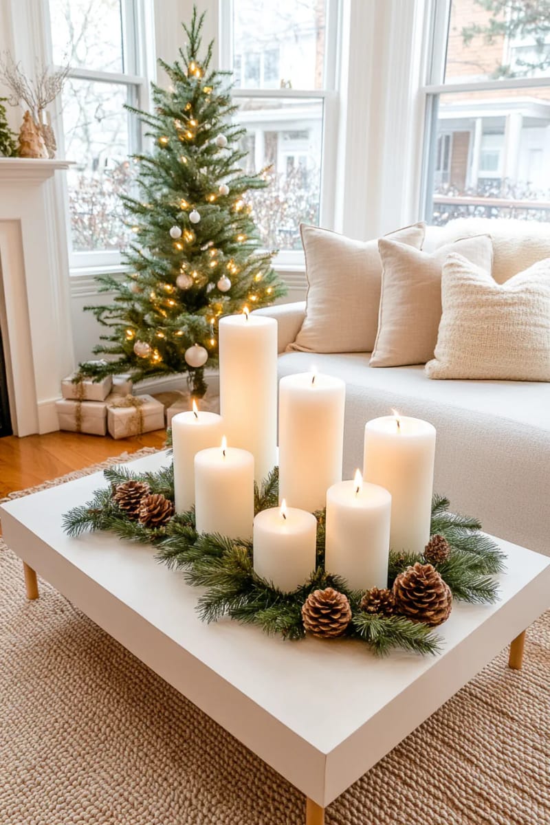 layered pillar candles and pinecones for a serene coffee table display 1