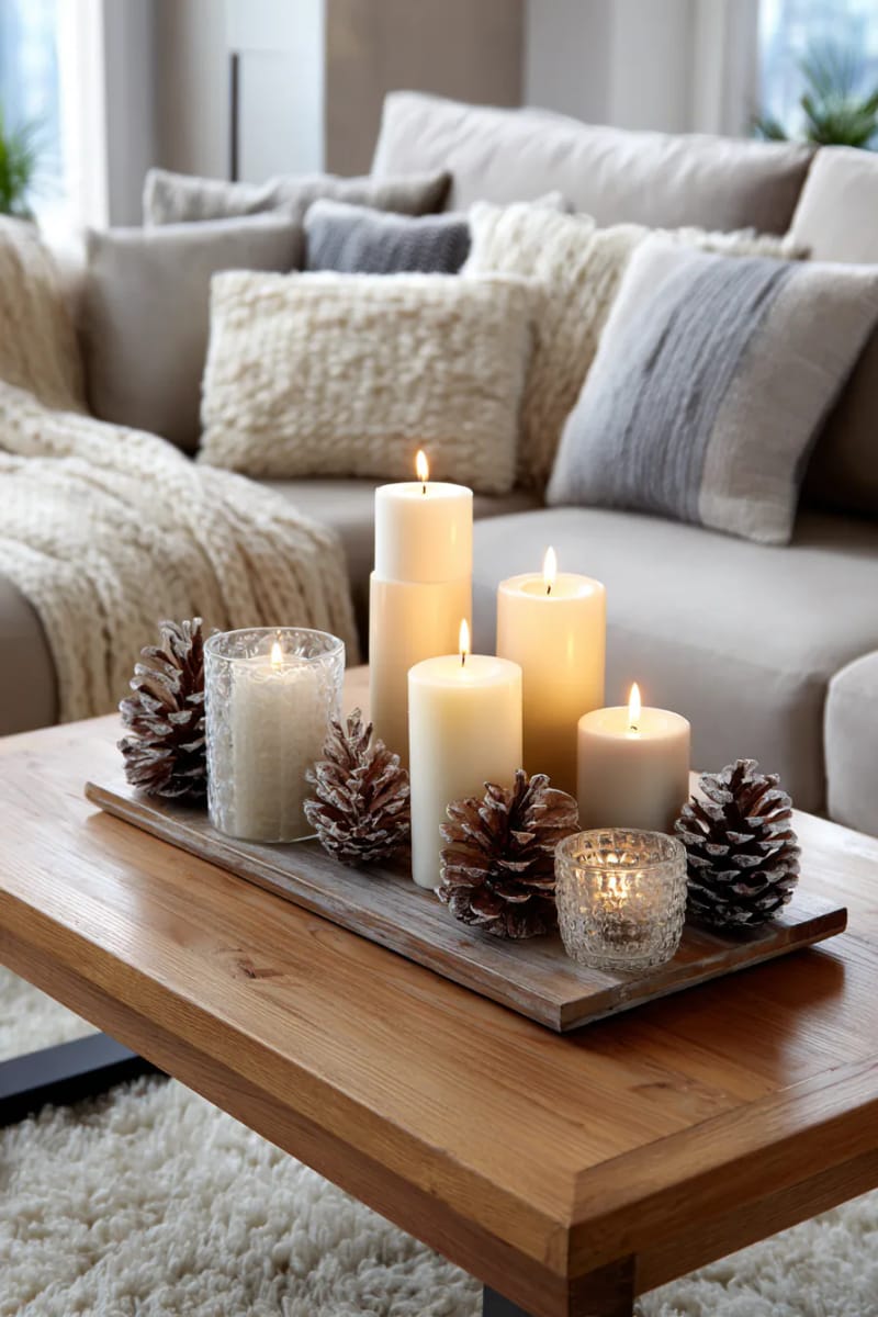 layered pillar candles and pinecones for a serene coffee table display 1
