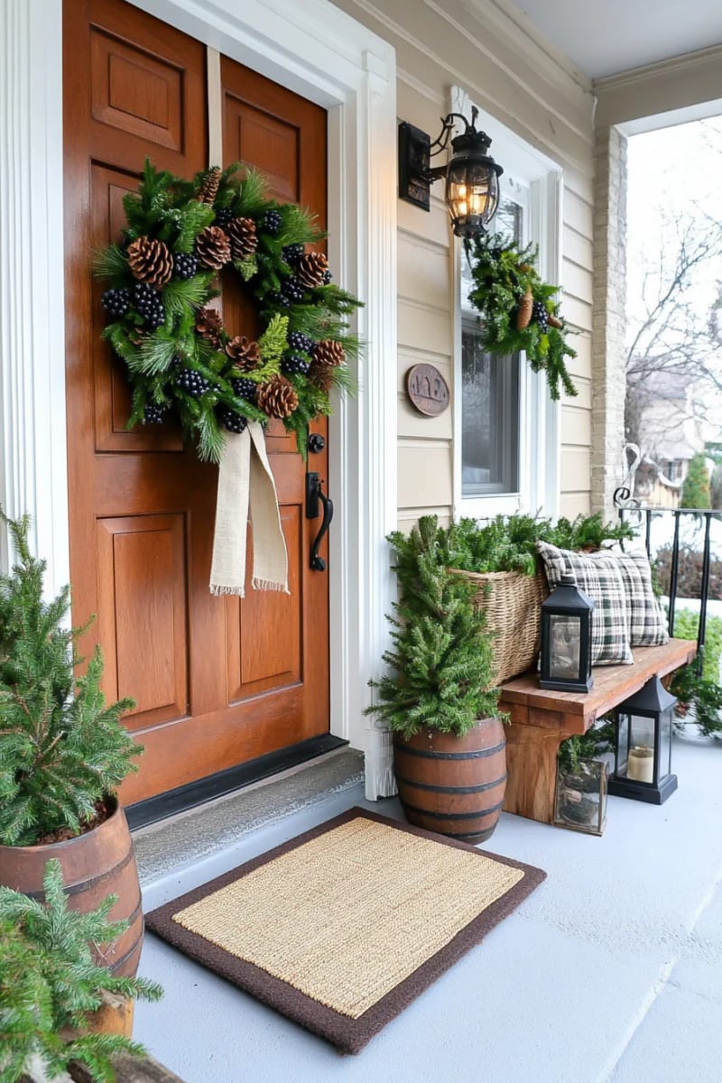 layered pinecone and juniper wreath with natural ribbon bow 1