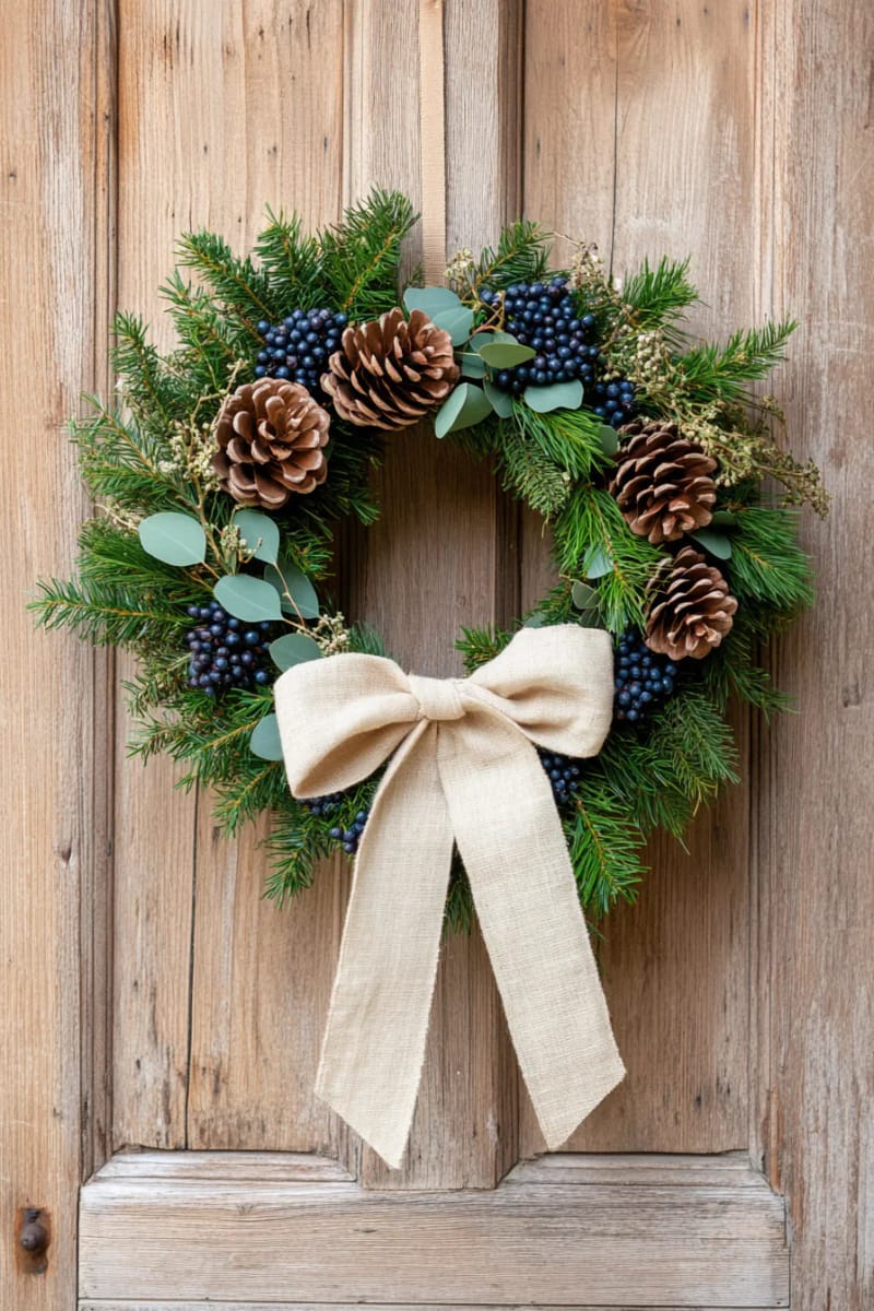 layered pinecone and juniper wreath with natural ribbon bow 1