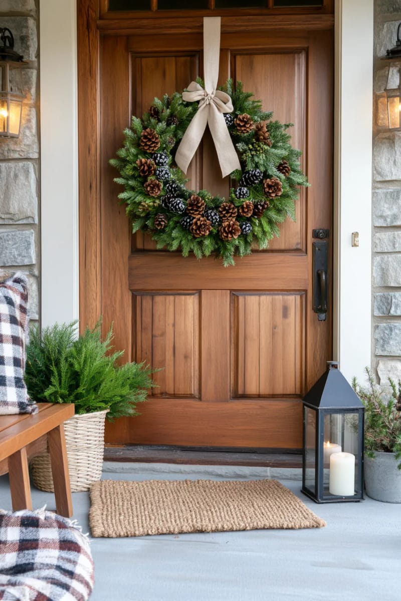 layered pinecone and juniper wreath with natural ribbon bow 1