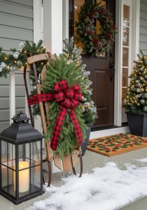 lean a rustic sled with greenery and ribbon against the wall for nostalgic holiday flair. 18